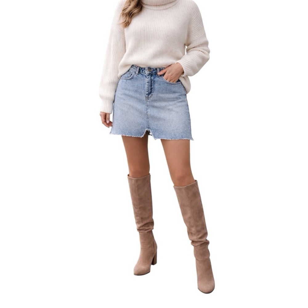 MISSGUIDED Denim High Rise Mini Skirt | Light Wash Distressed Raw Hem | Women 2